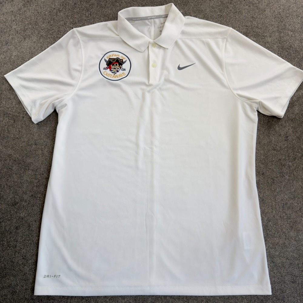 Nike Golf Dri-FIT Polo Shirt Mens Large White Krewe of Castaways Pirate Patch